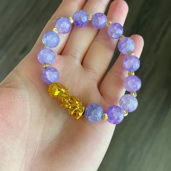 Purple Glass Beads Wealth Bracelet with Pixiu Pendent - Picture 2 of 4
